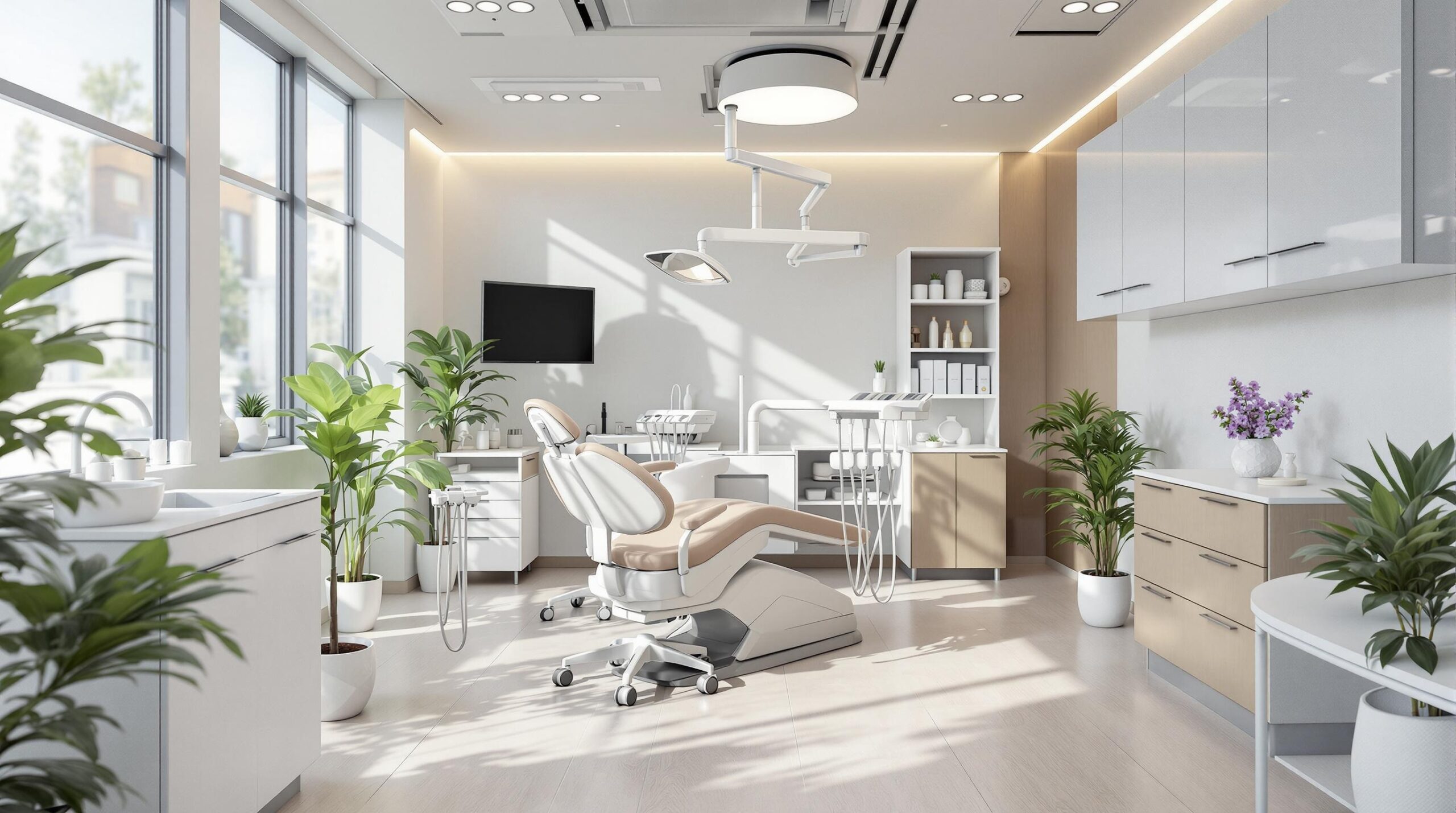 Moderne tandlægeklinik med tandlægestol og planter i København, guide til tandpleje.