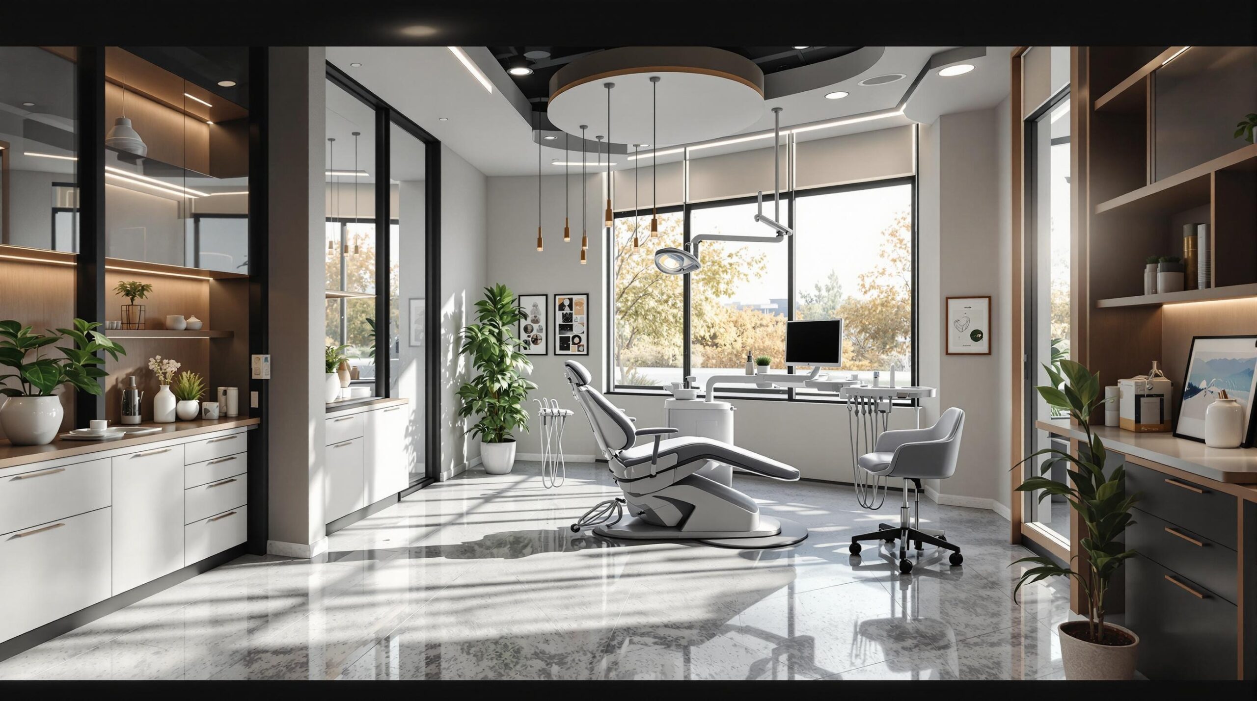 Moderne tandlægeklinik i København med tandlægestol, planter og stort vindue.