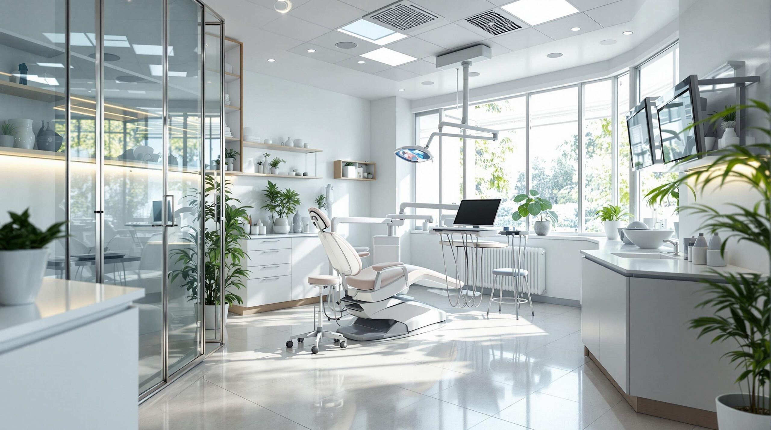 Moderne tandlægeklinik med dentalstol og udstyr i København, omgivet af store vinduer og indendørs planter.