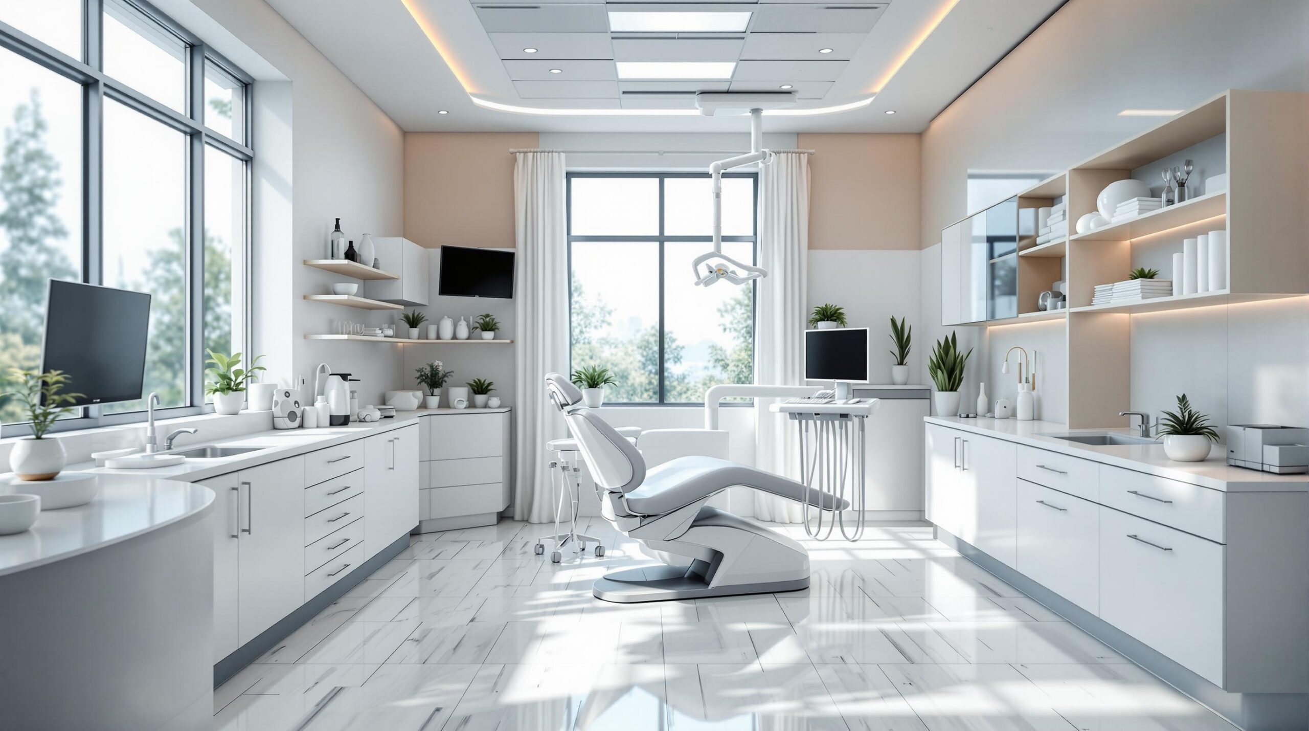 Moderne tandlægeklinik i Østerbro med dentalstol, skærme og sterilt udstyr, velegnet til akut tandlægebehandling.